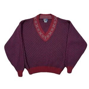 Manhattan Club Vintage Knit Sweater Mens XL USA Made Red Blue V-Neck